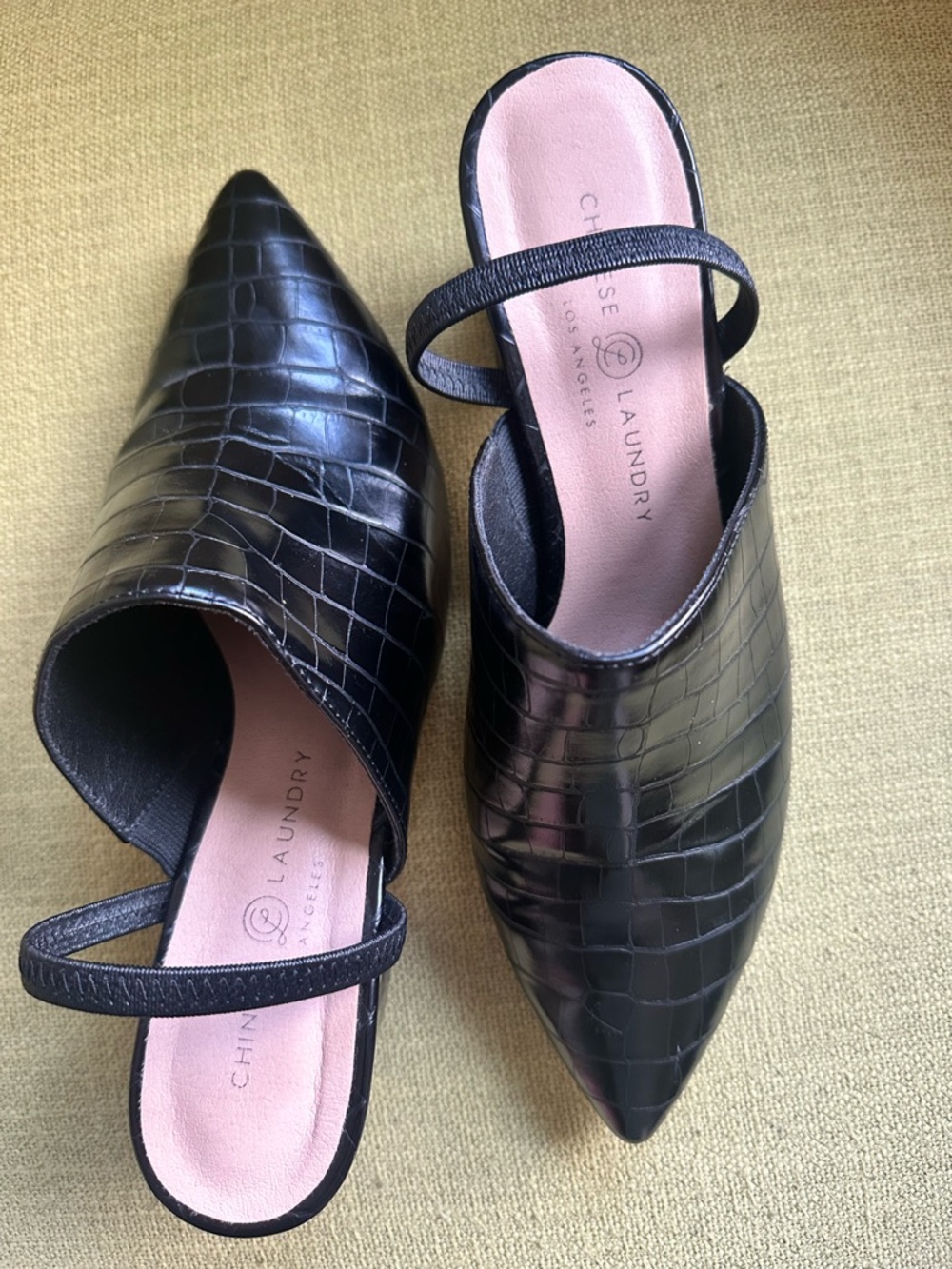 Sunday Black Croc-Embossed Pointed Toe Mules with Strap